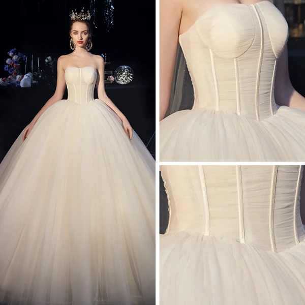 Modest / Simple Champagne Organza Corset Wedding Dresses 2019 Ball Gown Strapless Sleeveless Backless Cathedral Train Ruffle