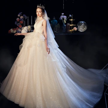 Bling Bling Champagne Organza Robe De Mariée 2019 Robe Boule Transparentes Col V Profond Sans Manches Dos Nu Glitter Tulle Cathedral Train Volants