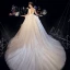 Bling Bling Champagner Organza Brautkleider / Hochzeitskleider 2019 Ballkleid Durchsichtige Tiefer V-Ausschnitt Ärmellos Rückenfreies Glanz Tülle Kathedrale Schleppe Rüschen