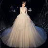 Bling Bling Champagne Organza Wedding Dresses 2019 Ball Gown See-through Deep V-Neck Sleeveless Backless Glitter Tulle Cathedral Train Ruffle