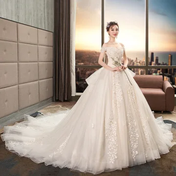 Chic Beautiful Champagne Wedding Dresses 2019 A Line Princess Off The Shoulder Short Sleeve Backless Appliques Lace Flower Beading Cathedral Train Ruffle