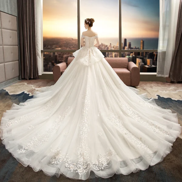 Chic / Beautiful Champagne Wedding Dresses 2019 A-Line / Princess Off-The-Shoulder Short Sleeve Backless Appliques Lace Flower Beading Cathedral Train Ruffle