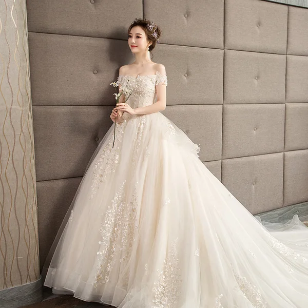 Chic / Beautiful Champagne Wedding Dresses 2019 A-Line / Princess Off-The-Shoulder Short Sleeve Backless Appliques Lace Flower Beading Cathedral Train Ruffle