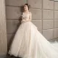 Chic / Beautiful Champagne Wedding Dresses 2019 A-Line / Princess Off-The-Shoulder Short Sleeve Backless Appliques Lace Flower Beading Cathedral Train Ruffle