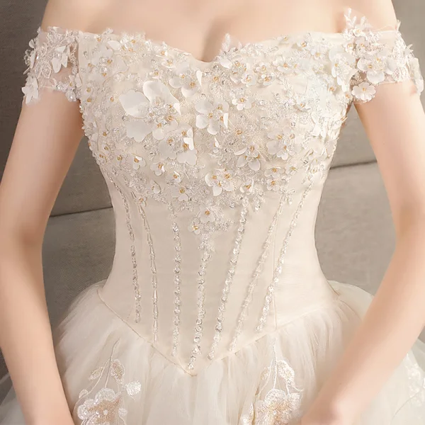 Chic / Beautiful Champagne Wedding Dresses 2019 A-Line / Princess Off-The-Shoulder Short Sleeve Backless Appliques Lace Flower Beading Cathedral Train Ruffle