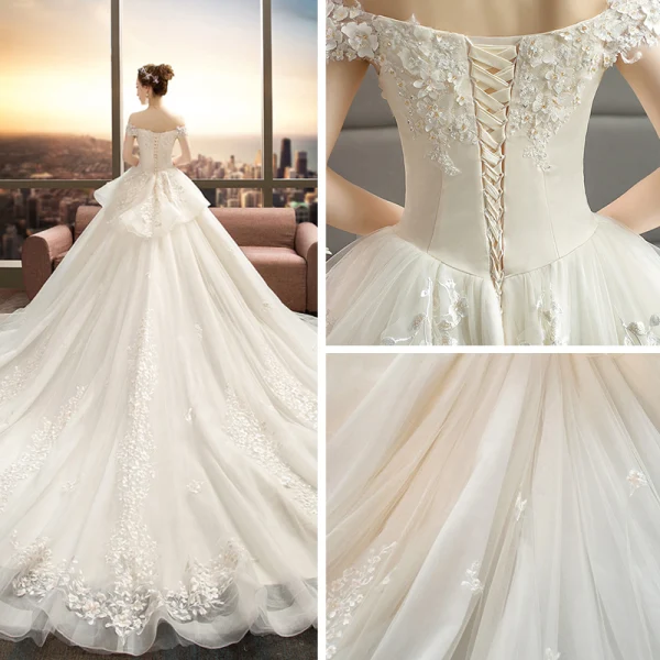 Chic / Beautiful Champagne Wedding Dresses 2019 A-Line / Princess Off-The-Shoulder Short Sleeve Backless Appliques Lace Flower Beading Cathedral Train Ruffle
