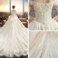 Chic / Beautiful Champagne Wedding Dresses 2019 A-Line / Princess Off-The-Shoulder Short Sleeve Backless Appliques Lace Flower Beading Cathedral Train Ruffle