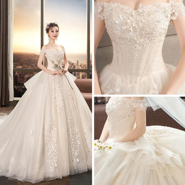 Chic / Beautiful Champagne Wedding Dresses 2019 A-Line / Princess Off-The-Shoulder Short Sleeve Backless Appliques Lace Flower Beading Cathedral Train Ruffle