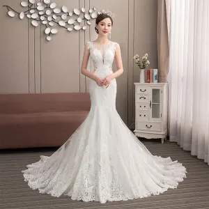 Stilig Elfenben Gjennomsiktig Brudekjoler 2019 Trompet Havfrue Scoop Halsen Uten Ermer Appliques Blonder Beading Perle Domstol Tog Buste