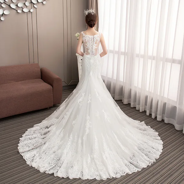 Classy Ivory See-through Wedding Dresses 2019 Trumpet / Mermaid Scoop Neck Sleeveless Appliques Lace Beading Pearl Court Train Ruffle