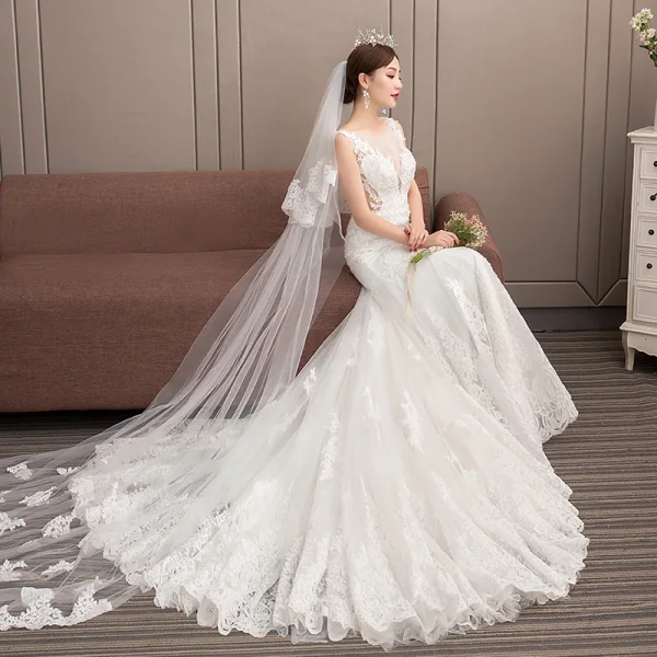 Classy Ivory See-through Wedding Dresses 2019 Trumpet / Mermaid Scoop Neck Sleeveless Appliques Lace Beading Pearl Court Train Ruffle