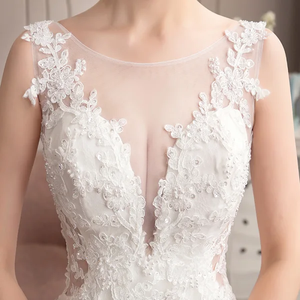Classy Ivory See-through Wedding Dresses 2019 Trumpet / Mermaid Scoop Neck Sleeveless Appliques Lace Beading Pearl Court Train Ruffle