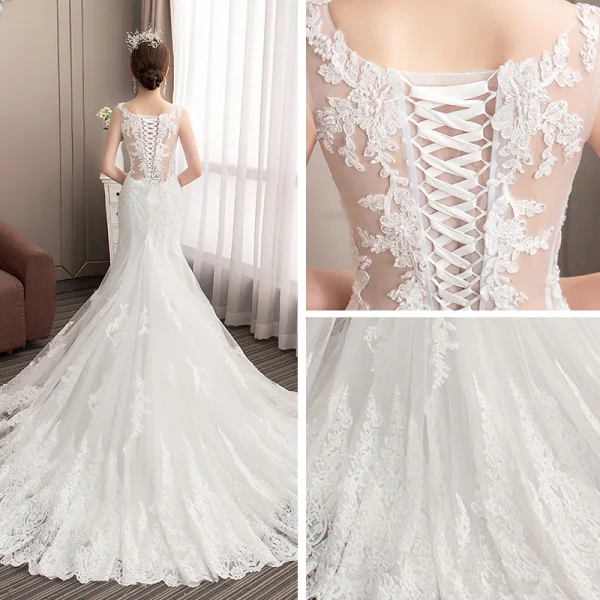Classy Ivory See-through Wedding Dresses 2019 Trumpet / Mermaid Scoop Neck Sleeveless Appliques Lace Beading Pearl Court Train Ruffle