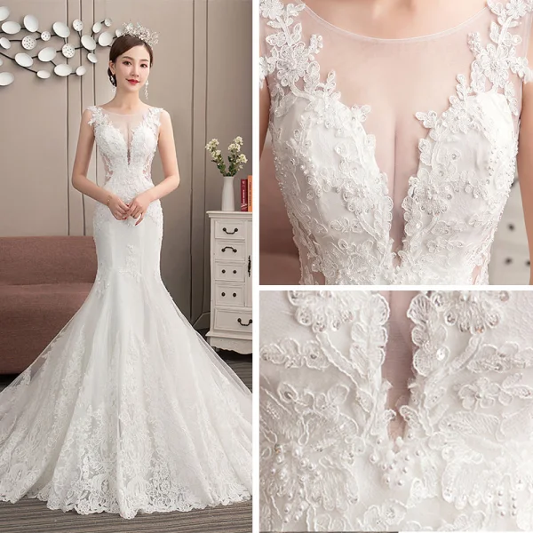 Classy Ivory See-through Wedding Dresses 2019 Trumpet / Mermaid Scoop Neck Sleeveless Appliques Lace Beading Pearl Court Train Ruffle