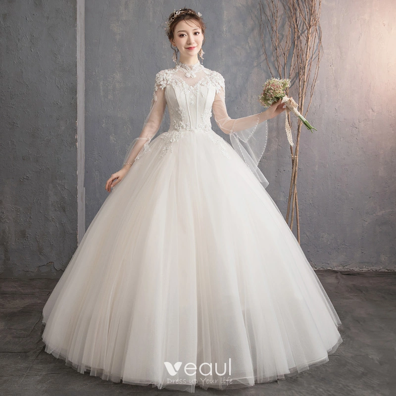 Affordable Champagne See-through Outdoor / Garden Wedding Dresses 2019 Ball  Gown High Neck Bell sleeves Backless Appliques Lace Pearl Beading  Floor-Length / Long Ruffle