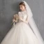 Affordable Champagne See-through Outdoor / Garden Wedding Dresses 2019 Ball Gown High Neck Bell sleeves Backless Appliques Lace Pearl Beading Floor-Length / Long Ruffle
