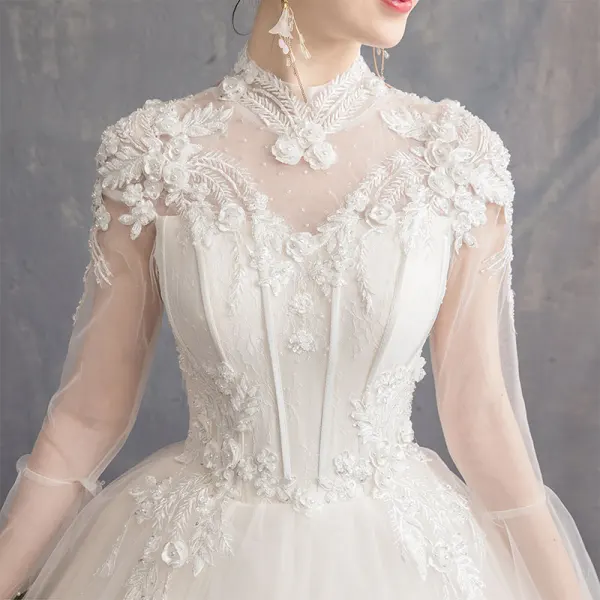 Affordable Champagne See-through Outdoor / Garden Wedding Dresses 2019 Ball Gown High Neck Bell sleeves Backless Appliques Lace Pearl Beading Floor-Length / Long Ruffle