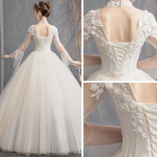 Affordable Champagne See-through Outdoor / Garden Wedding Dresses 2019 Ball Gown High Neck Bell sleeves Backless Appliques Lace Pearl Beading Floor-Length / Long Ruffle