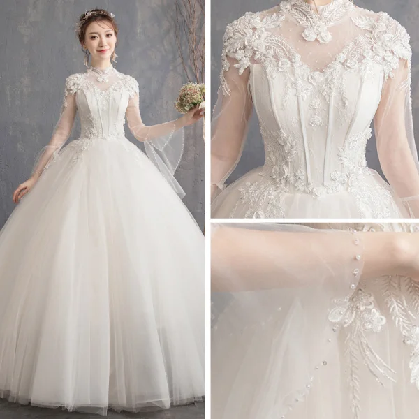 Affordable Champagne See-through Outdoor / Garden Wedding Dresses 2019 Ball Gown High Neck Bell sleeves Backless Appliques Lace Pearl Beading Floor-Length / Long Ruffle