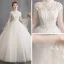 Affordable Champagne See-through Outdoor / Garden Wedding Dresses 2019 Ball Gown High Neck Bell sleeves Backless Appliques Lace Pearl Beading Floor-Length / Long Ruffle
