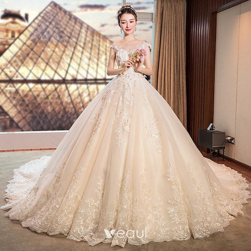 Chic Beautiful Ivory Wedding Dresses 2019 A Line Princess See through Deep V Neck Sleeveless Backless Appliques Lace Flower Pearl Beading Cathedral Train Ruffle