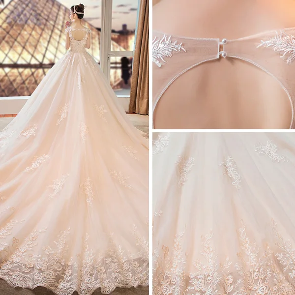 Chic / Belle Ivoire Robe De Mariée 2019 Princesse Transparentes Col v profond Sans Manches Dos Nu Appliques En Dentelle Fleur Perle Perlage Cathedral Train Volants