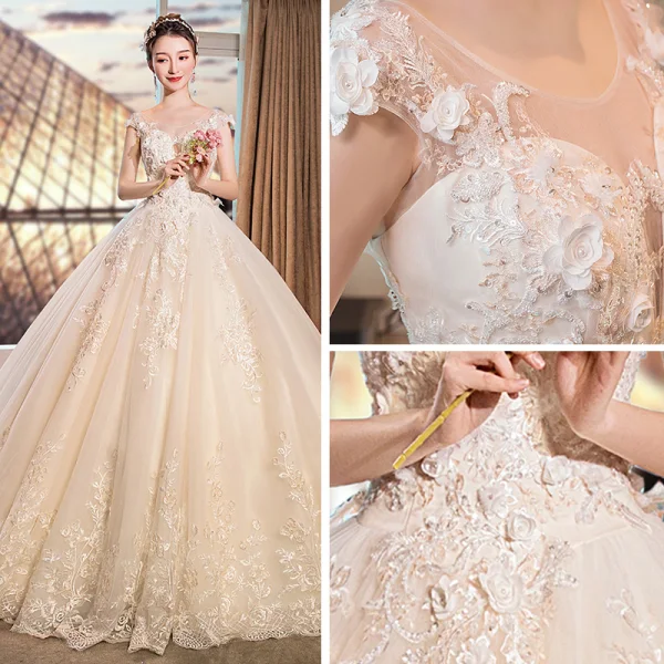 Chic / Belle Ivoire Robe De Mariée 2019 Princesse Transparentes Col v profond Sans Manches Dos Nu Appliques En Dentelle Fleur Perle Perlage Cathedral Train Volants