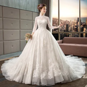 Style Chinois Ivoire Transparentes Robe De Mariée 2019 Princesse Col Haut 3 4 Manches Dos Nu Appliques En Dentelle Perlage Chapel Train Volants