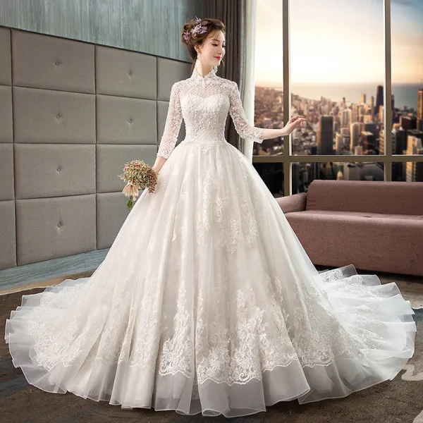 Chinese style Ivory See-through Wedding Dresses 2019 A-Line / Princess High Neck 3/4 Sleeve Backless Appliques Lace Beading Chapel Train Ruffle