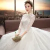 Chinese style Ivory See-through Wedding Dresses 2019 A-Line / Princess High Neck 3/4 Sleeve Backless Appliques Lace Beading Chapel Train Ruffle