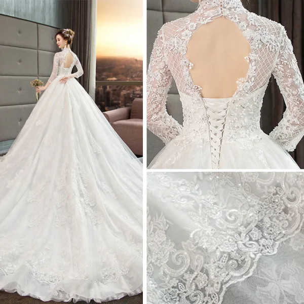 Style Chinois Ivoire Transparentes Robe De Mariée 2019 Princesse Col Haut 3/4 Manches Dos Nu Appliques En Dentelle Perlage Chapel Train Volants