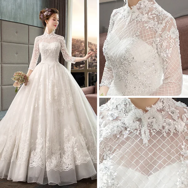 Style Chinois Ivoire Transparentes Robe De Mariée 2019 Princesse Col Haut 3/4 Manches Dos Nu Appliques En Dentelle Perlage Chapel Train Volants