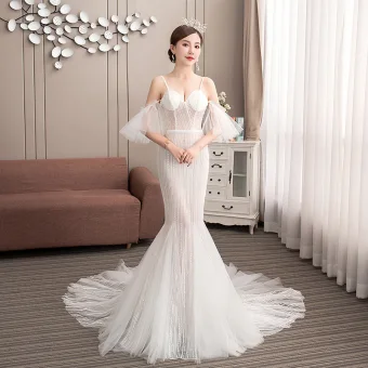 Affordable Champagne Outdoor Garden Wedding Dresses 2019 Trumpet Mermaid Spaghetti Straps Short Sleeve Backless Appliques Lace Court Train Ruffle