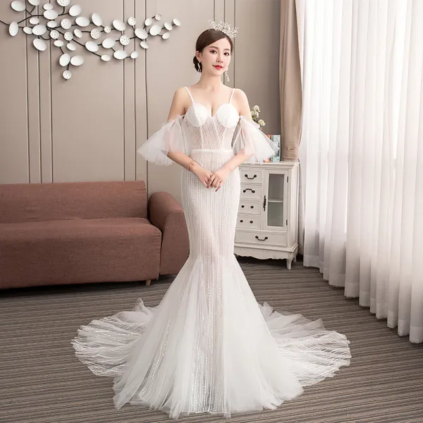 Affordable Champagne Outdoor / Garden Wedding Dresses 2019 Trumpet / Mermaid Spaghetti Straps Short Sleeve Backless Appliques Lace Court Train Ruffle