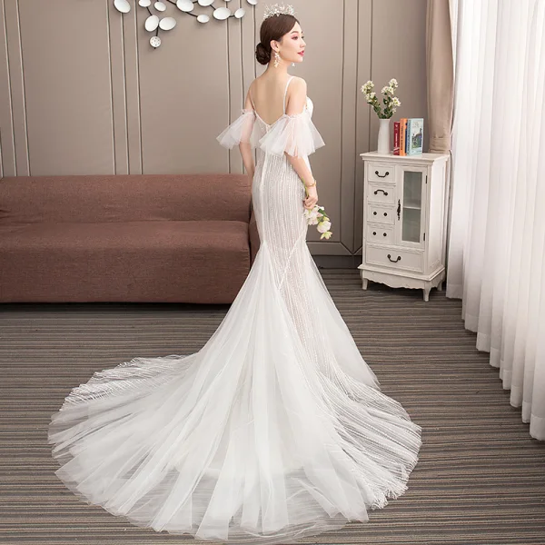 Affordable Champagne Outdoor / Garden Wedding Dresses 2019 Trumpet / Mermaid Spaghetti Straps Short Sleeve Backless Appliques Lace Court Train Ruffle