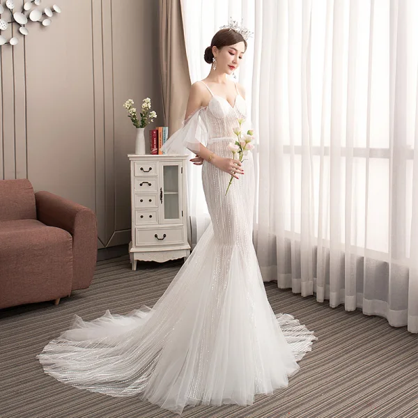 Affordable Champagne Outdoor / Garden Wedding Dresses 2019 Trumpet / Mermaid Spaghetti Straps Short Sleeve Backless Appliques Lace Court Train Ruffle