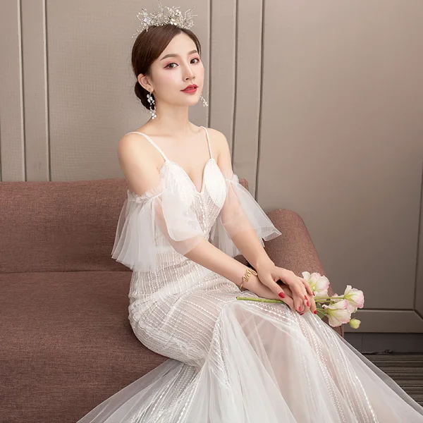 Affordable Champagne Outdoor / Garden Wedding Dresses 2019 Trumpet / Mermaid Spaghetti Straps Short Sleeve Backless Appliques Lace Court Train Ruffle