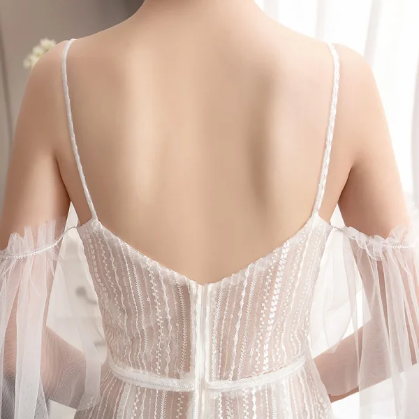Affordable Champagne Outdoor / Garden Wedding Dresses 2019 Trumpet / Mermaid Spaghetti Straps Short Sleeve Backless Appliques Lace Court Train Ruffle