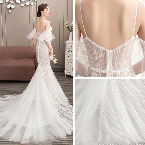 Affordable Champagne Outdoor / Garden Wedding Dresses 2019 Trumpet / Mermaid Spaghetti Straps Short Sleeve Backless Appliques Lace Court Train Ruffle