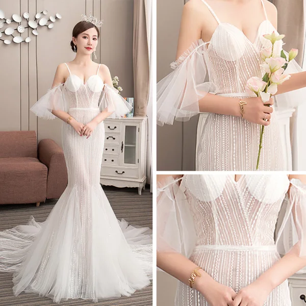 Affordable Champagne Outdoor / Garden Wedding Dresses 2019 Trumpet / Mermaid Spaghetti Straps Short Sleeve Backless Appliques Lace Court Train Ruffle
