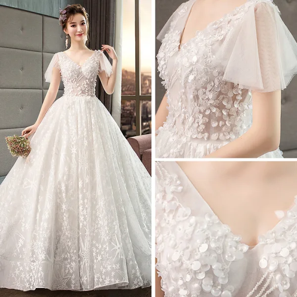 Illusion Ivoire Robe De Mariée 2019 Princesse V-Cou Manches Courtes Dos Nu Appliques En Dentelle Perlage Chapel Train Volants