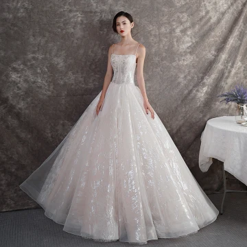 Bling Bling Champagne Outdoor Garden Wedding Dresses 2019 A Line Princess Spaghetti Straps Sleeveless Backless Glitter Tulle Beading Floor Length Long Ruffle