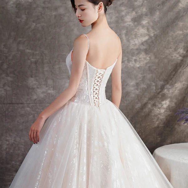 Bling Bling Champagne Outdoor / Garden Wedding Dresses 2019 A-Line / Princess Spaghetti Straps Sleeveless Backless Glitter Tulle Beading Floor-Length / Long Ruffle