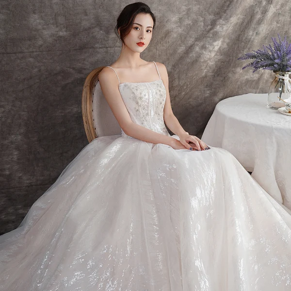Bling Bling Champagne Outdoor / Garden Wedding Dresses 2019 A-Line / Princess Spaghetti Straps Sleeveless Backless Glitter Tulle Beading Floor-Length / Long Ruffle