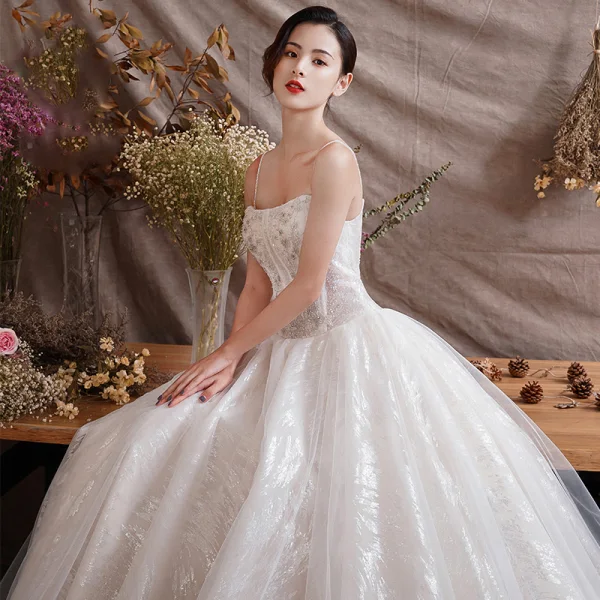 Bling Bling Champagne Outdoor / Garden Wedding Dresses 2019 A-Line / Princess Spaghetti Straps Sleeveless Backless Glitter Tulle Beading Floor-Length / Long Ruffle
