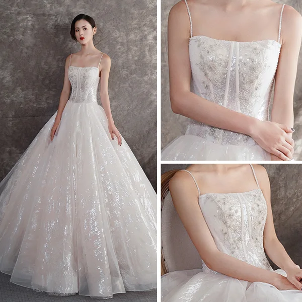 Bling Bling Champagne Outdoor / Garden Wedding Dresses 2019 A-Line / Princess Spaghetti Straps Sleeveless Backless Glitter Tulle Beading Floor-Length / Long Ruffle
