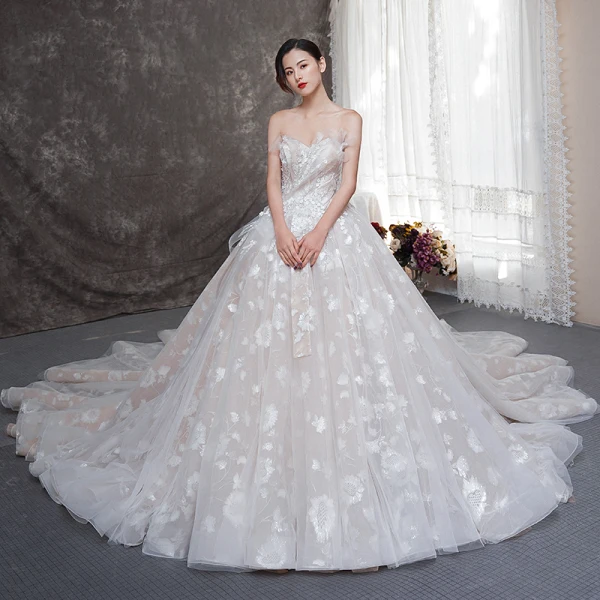 Luksus Champagne Brudekjoler 2019 Prinsesse Kjæreste Uten Ermer Ryggløse Appliques Blonder Glitter Tyll Beading Cathedral Train Buste