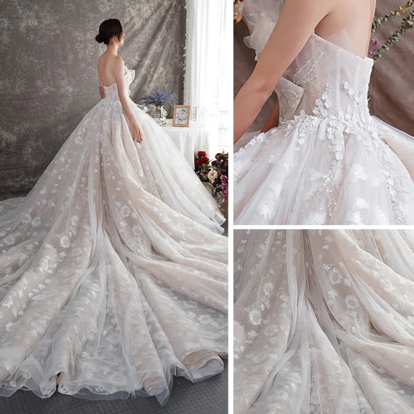 Luksus Champagne Brudekjoler 2019 Prinsesse Kjæreste Uten Ermer Ryggløse Appliques Blonder Glitter Tyll Beading Cathedral Train Buste