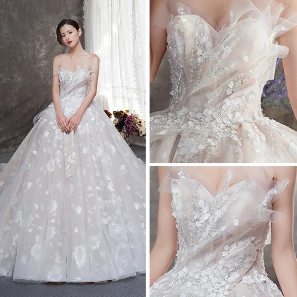 Luksus Champagne Brudekjoler 2019 Prinsesse Kjæreste Uten Ermer Ryggløse Appliques Blonder Glitter Tyll Beading Cathedral Train Buste