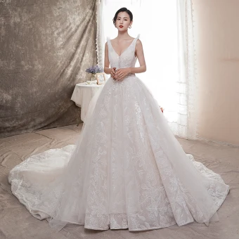 Best Champagne Wedding Dresses 2019 A Line Princess Deep V Neck Sleeveless Backless Appliques Lace Beading Chapel Train Ruffle